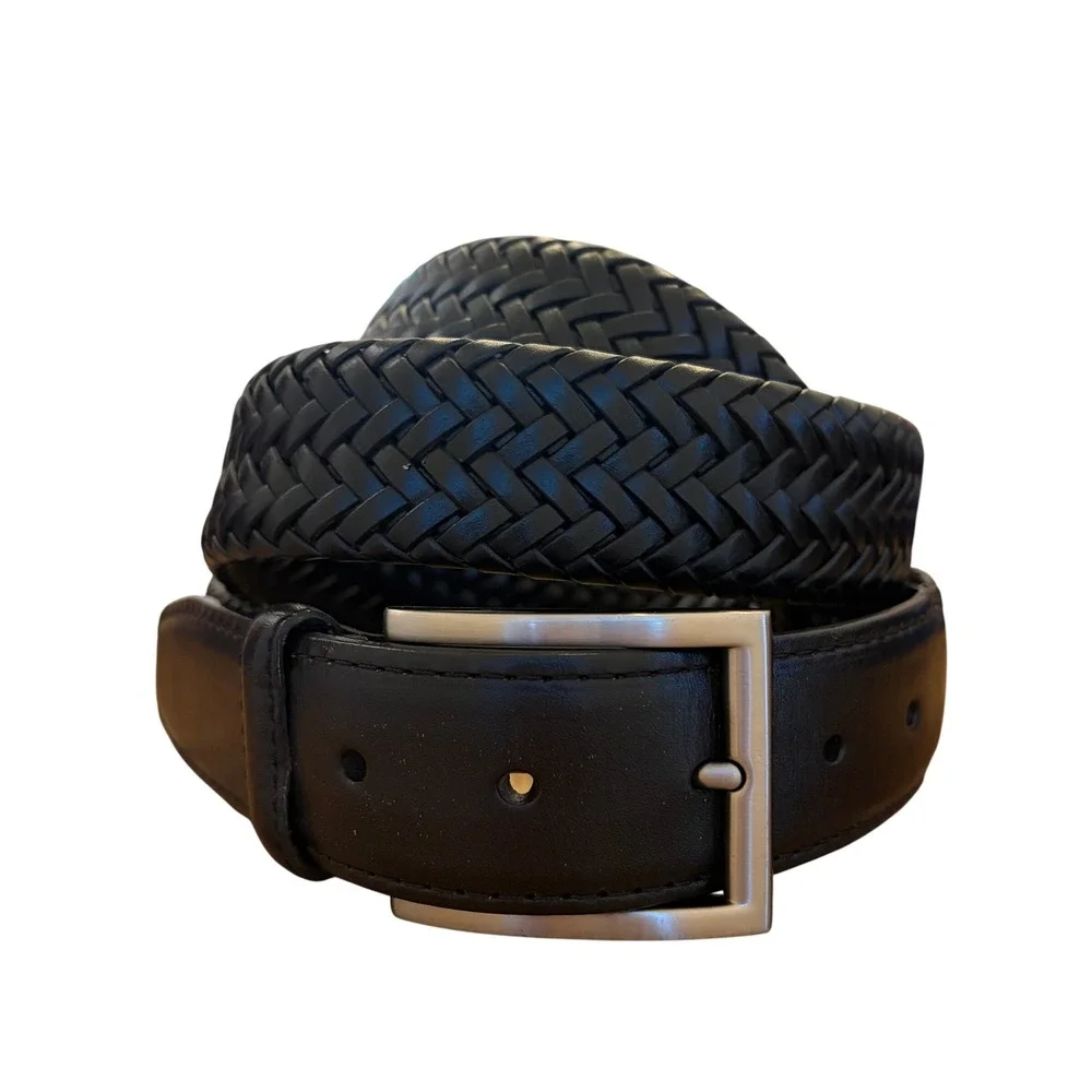 AGA Genuine Leather Braided Belt Mens‎ 46/48 Classic Black Silver Bucket Office